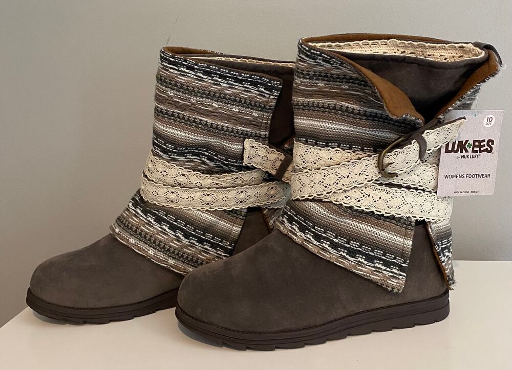 NWT Muk Luks Womens Nikki Faux Grey Suede Winter Boots, Size 10